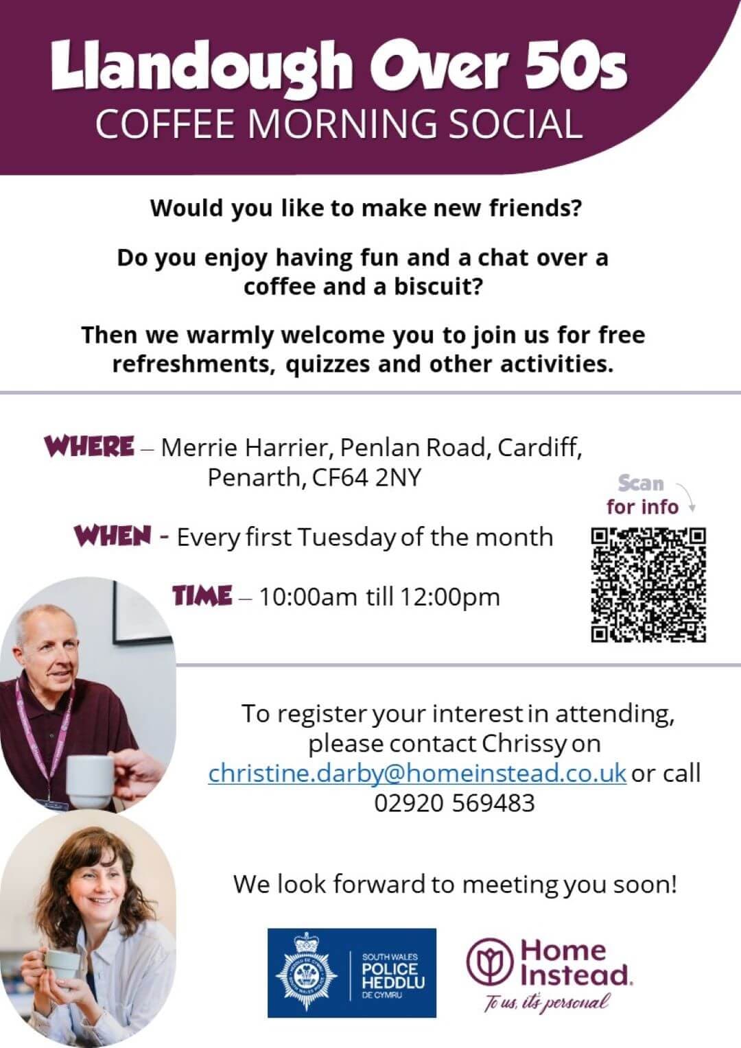 Flyer for Llandough Over 50s Coffee Morning Social with event details, contact info, and logos for supporting organizations. - Home Instead