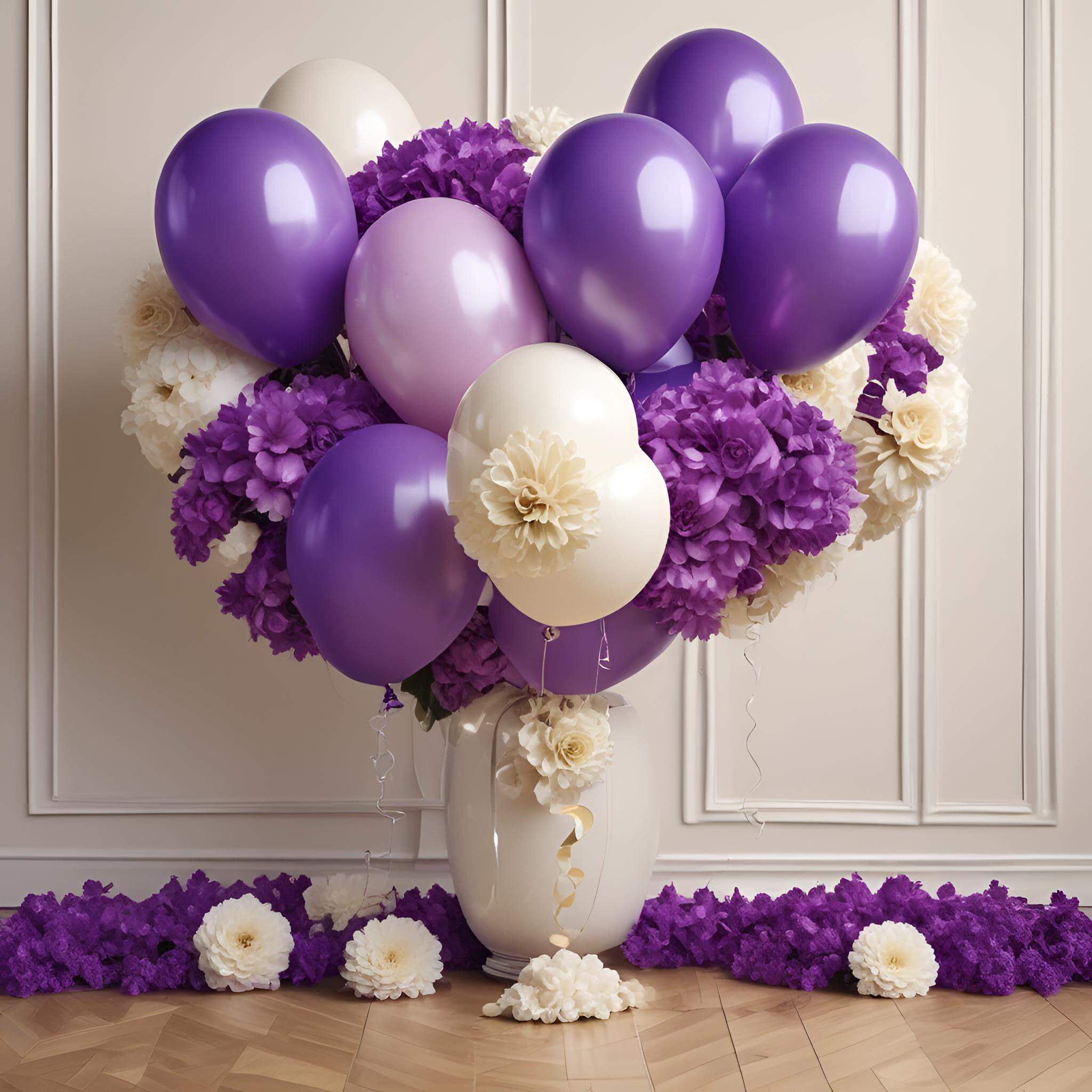 A bouquet of purple, white, and pink balloons with matching flowers in a vase against a white paneled wall. - Home Instead