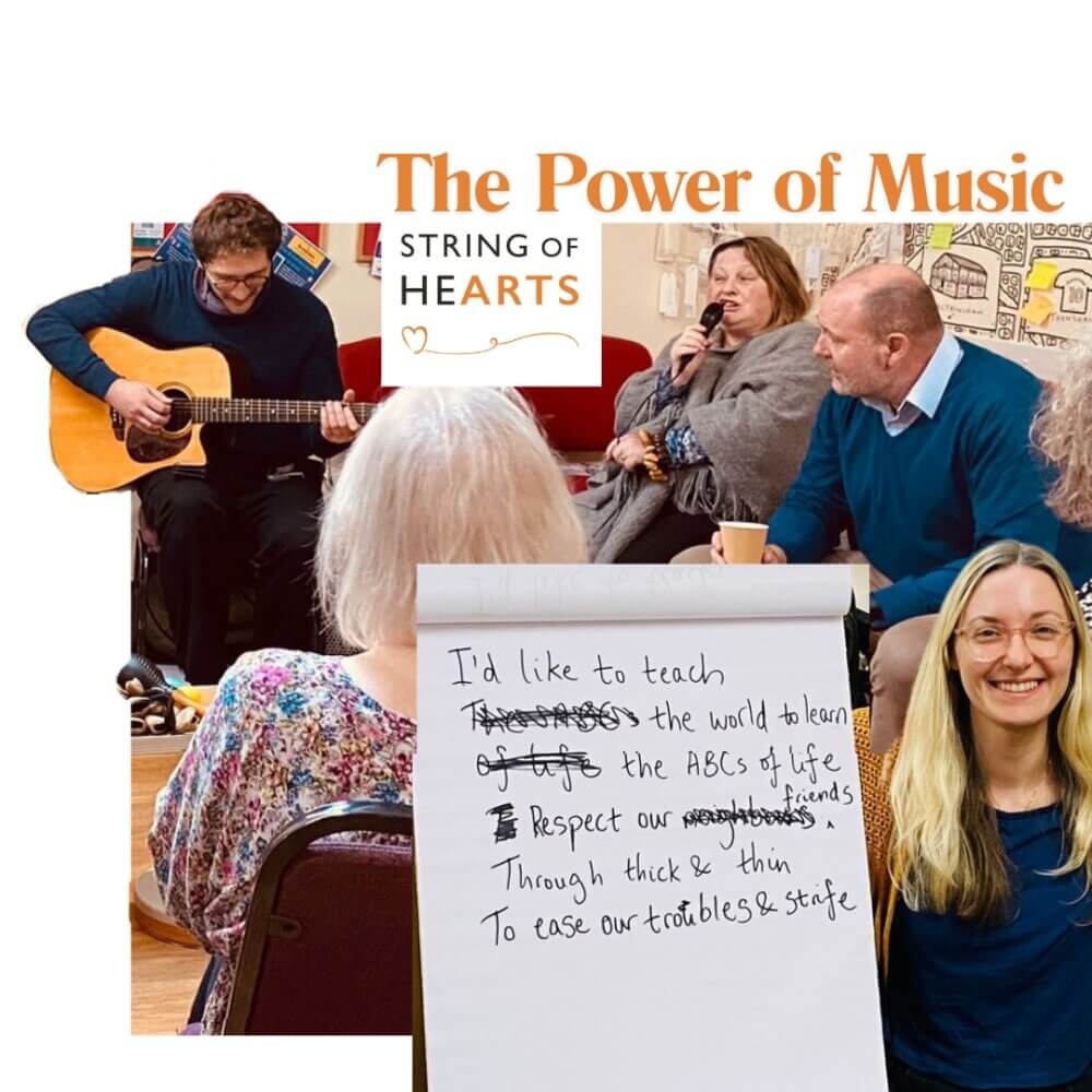 Group watching a guitarist perform; in the foreground, lyrics on a notepad. Text: "The Power of Music. - Home Instead