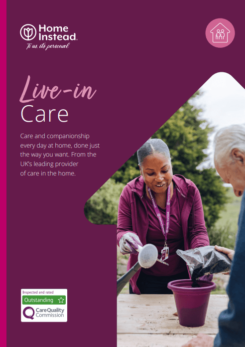 A caregiver helps a person with planting in a garden. Text reads "Live-in Care" and "home instead" with a logo. - Home Instead