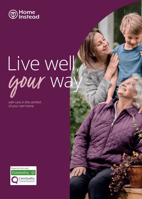 Elderly woman in a wheelchair, child, and caregiver smiling together in a garden. Text: "Live well, your way. - Home Instead