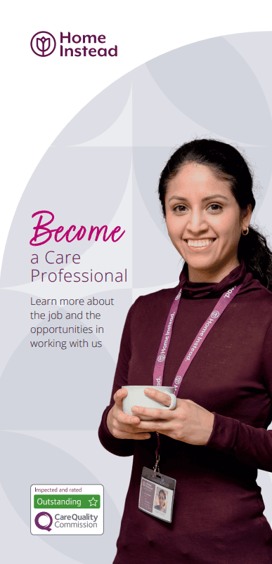 A smiling woman wearing a lanyard holds a cup, promoting opportunities to become a care professional with Home Instead. - Home Instead