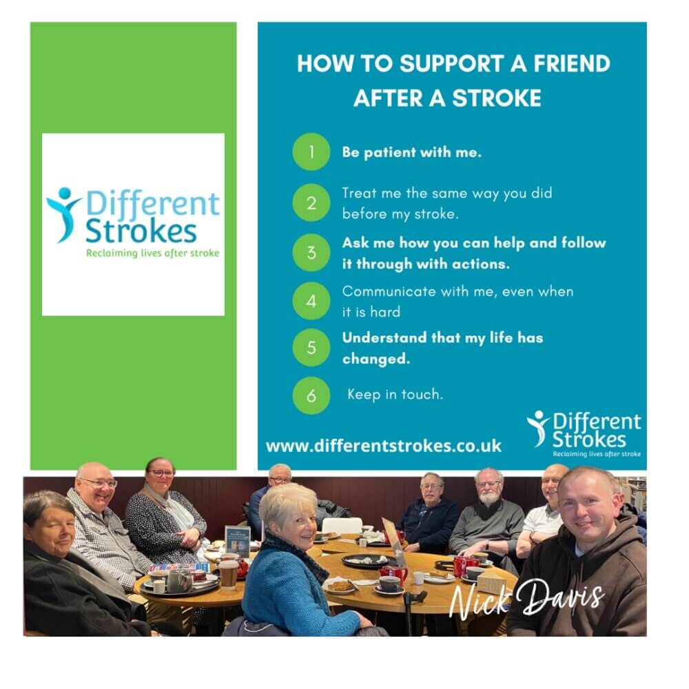 People sitting around tables with food, discussing support strategies after a stroke; text on supporting a friend post-stroke. - Home Instead