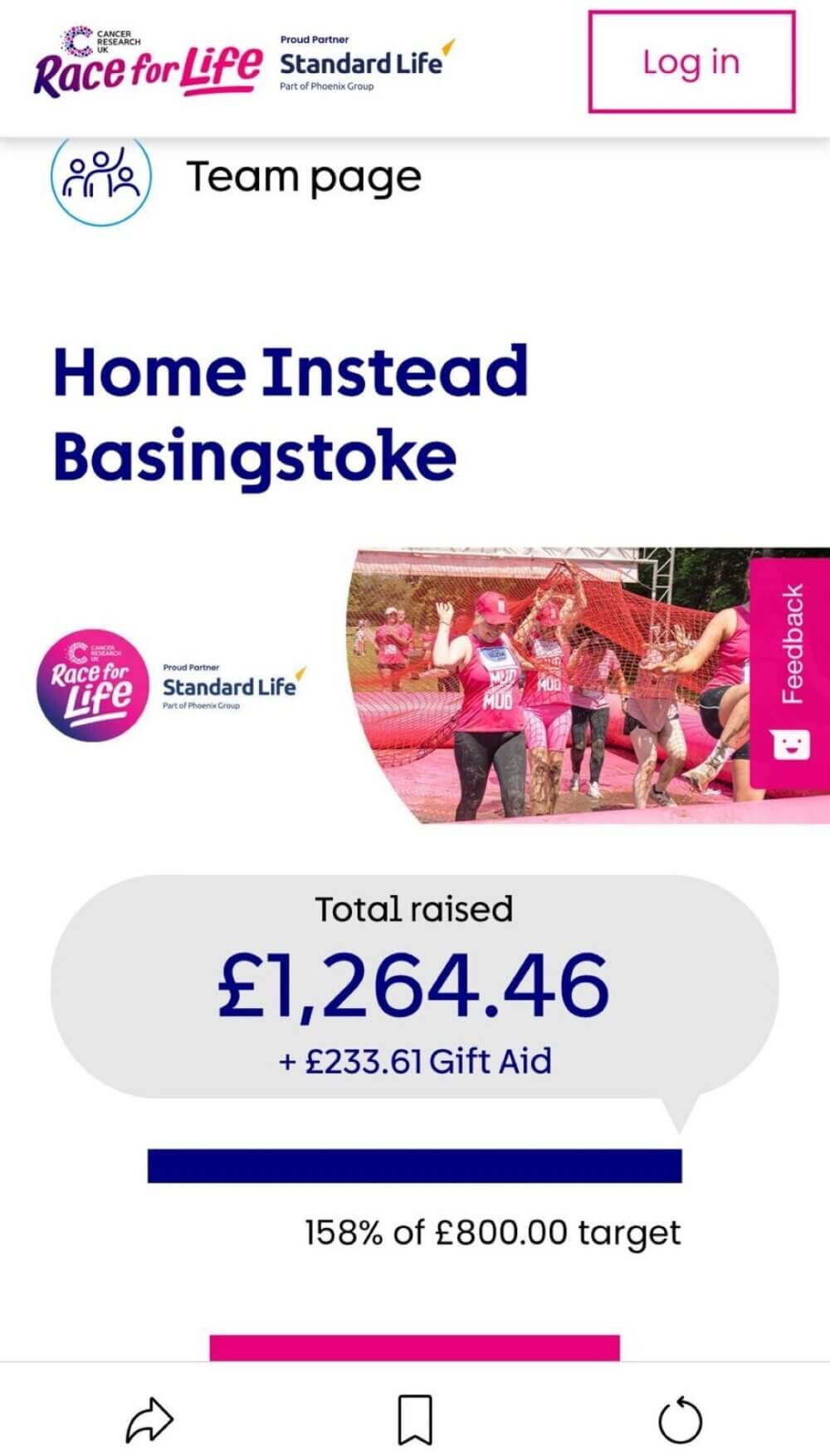 Race For Life sponsorship page showing nearly £1500 raised by Home Instead Basingstoke for Cancer Research