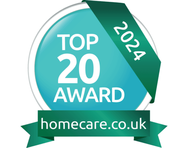 A badge with "Top 20 Award 2024" and "homecare.co.uk" on a blue and green design. - Home Instead