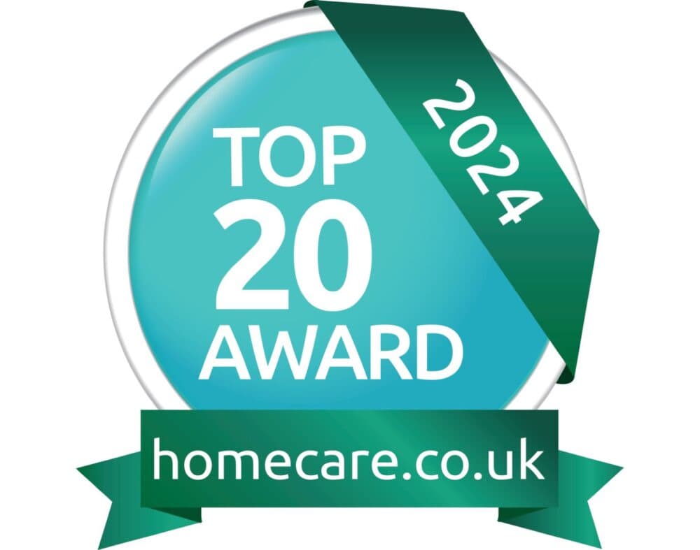 Top 20 Award 2024 by homecare.co.uk, displayed on a teal and white badge with a green ribbon. - Home Instead