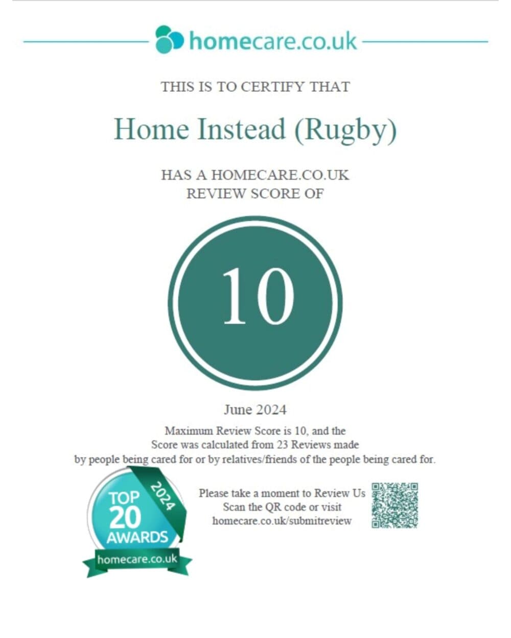Certificate showing Home Instead (Rugby) with a review score of 10, awarded by homecare.co.uk in June 2024. - Home Instead