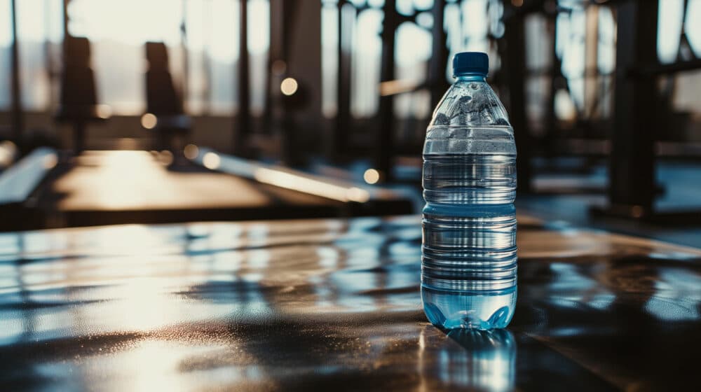Plastic water bottle on a gym bench with exercise equipment in the background, bathed in warm sunlight. - Home Instead