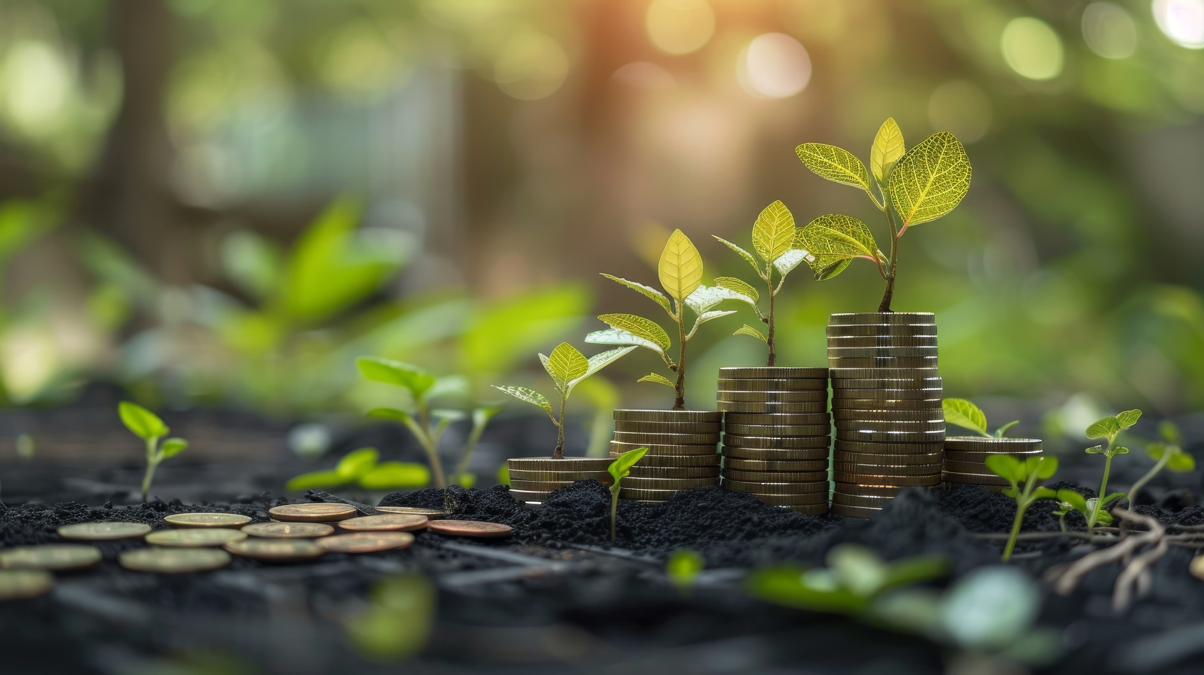 Stacks of coins with small plants growing on top, set on soil with scattered coins, symbolizing financial growth and investment. - Home Instead
