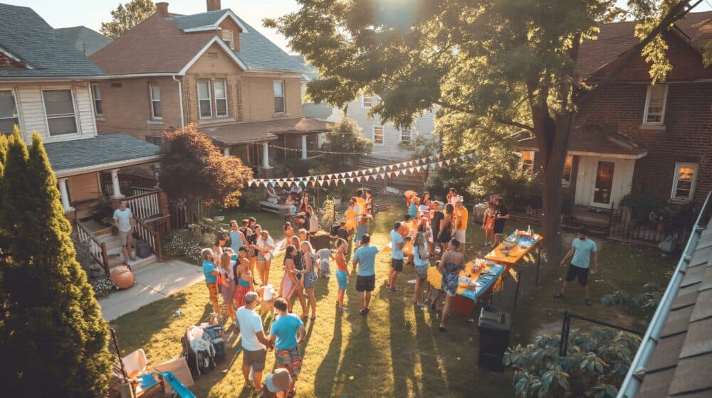 A lively backyard party with a crowd of people under tree shade, tables with food, and festive decorations. - Home Instead