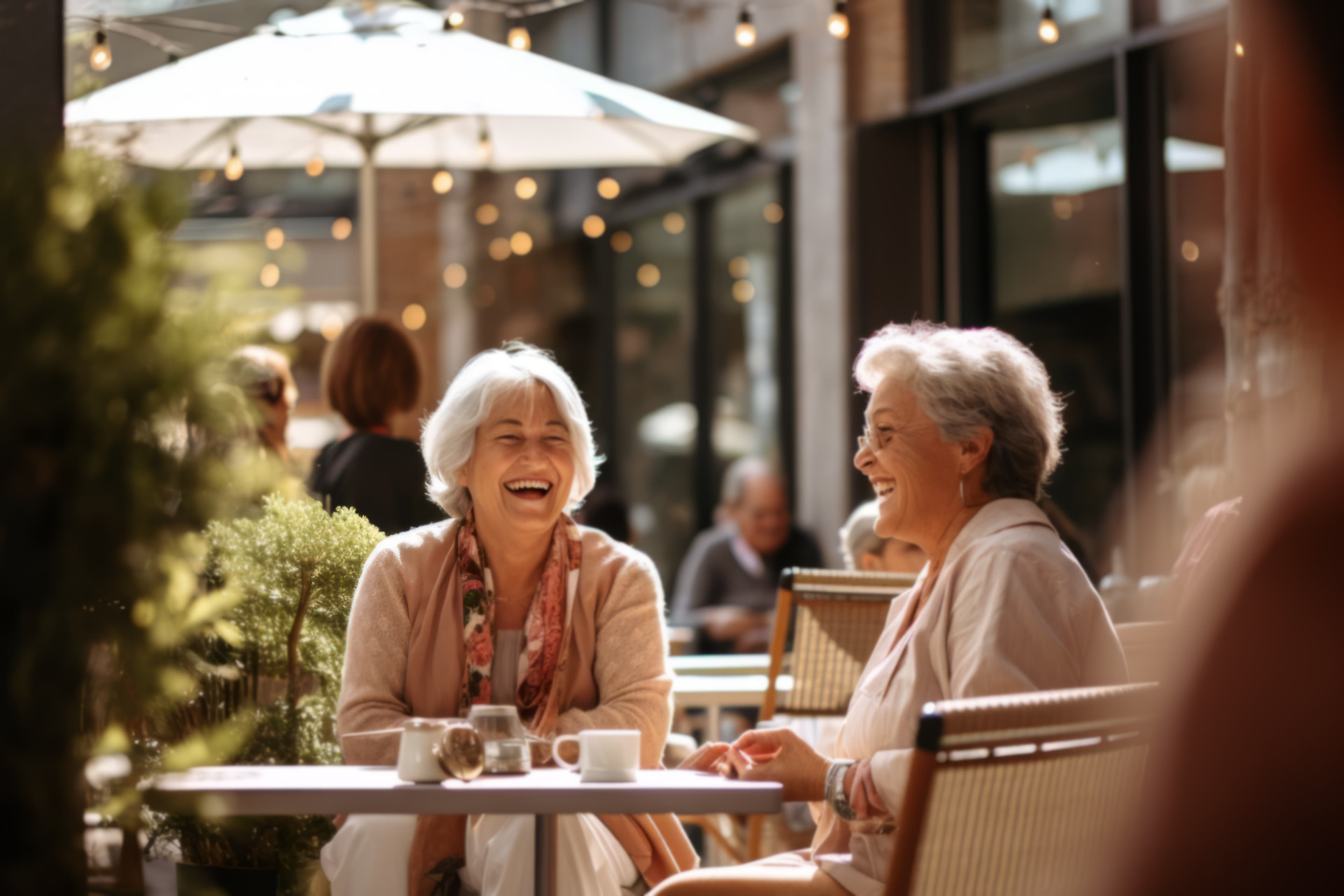 Two elderly women laugh and chat at an outdoor café. They are surrounded by greenery and fairy lights. - Home Instead