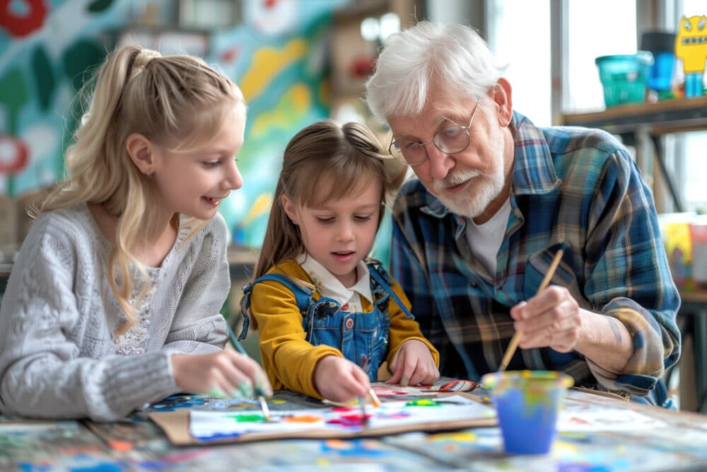 An elderly man and two young girls painting together at a table, surrounded by colorful art supplies. - Home Instead
