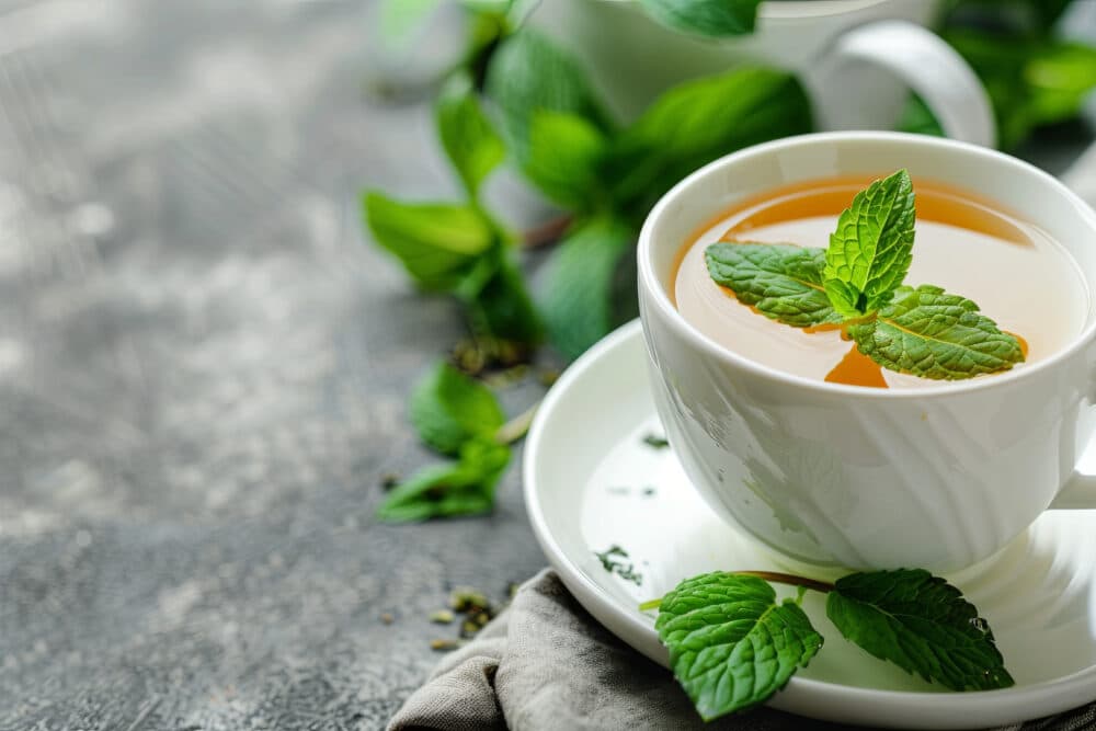 White tea cup filled with mint tea, garnished with mint leaves, placed on a saucer with scattered mint leaves around. - Home Instead