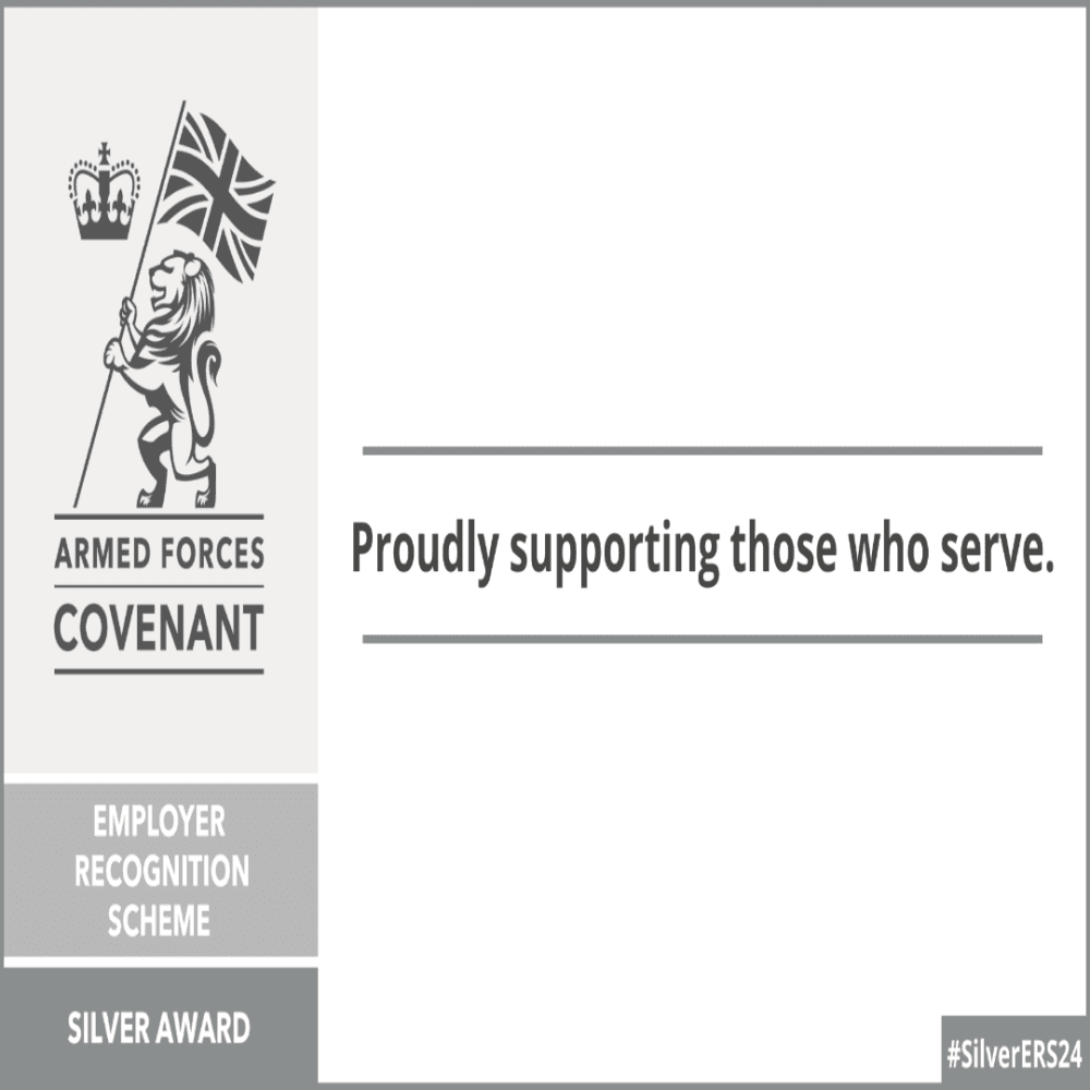 Armed Forces Covenant logo with Silver Award label, text 'Proudly supporting those who serve.' #SilverERS24. - Home Instead