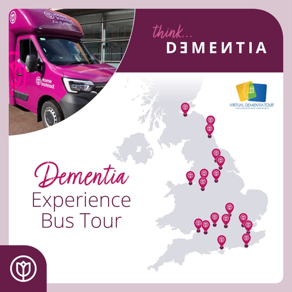 A graphic promoting the Dementia Experience Bus Tour with a photo of a bus and a map of tour locations in the UK. - Home Instead