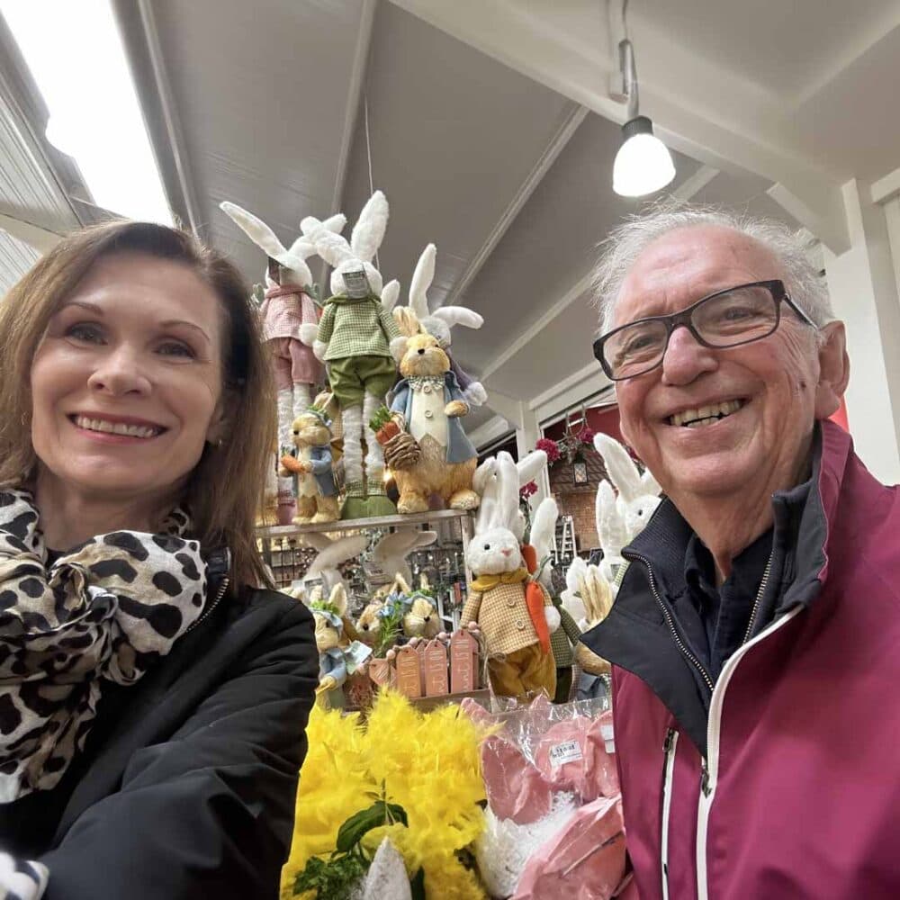 Home Instead live in care professional Jacquie Ikin and her client John at a garden centre