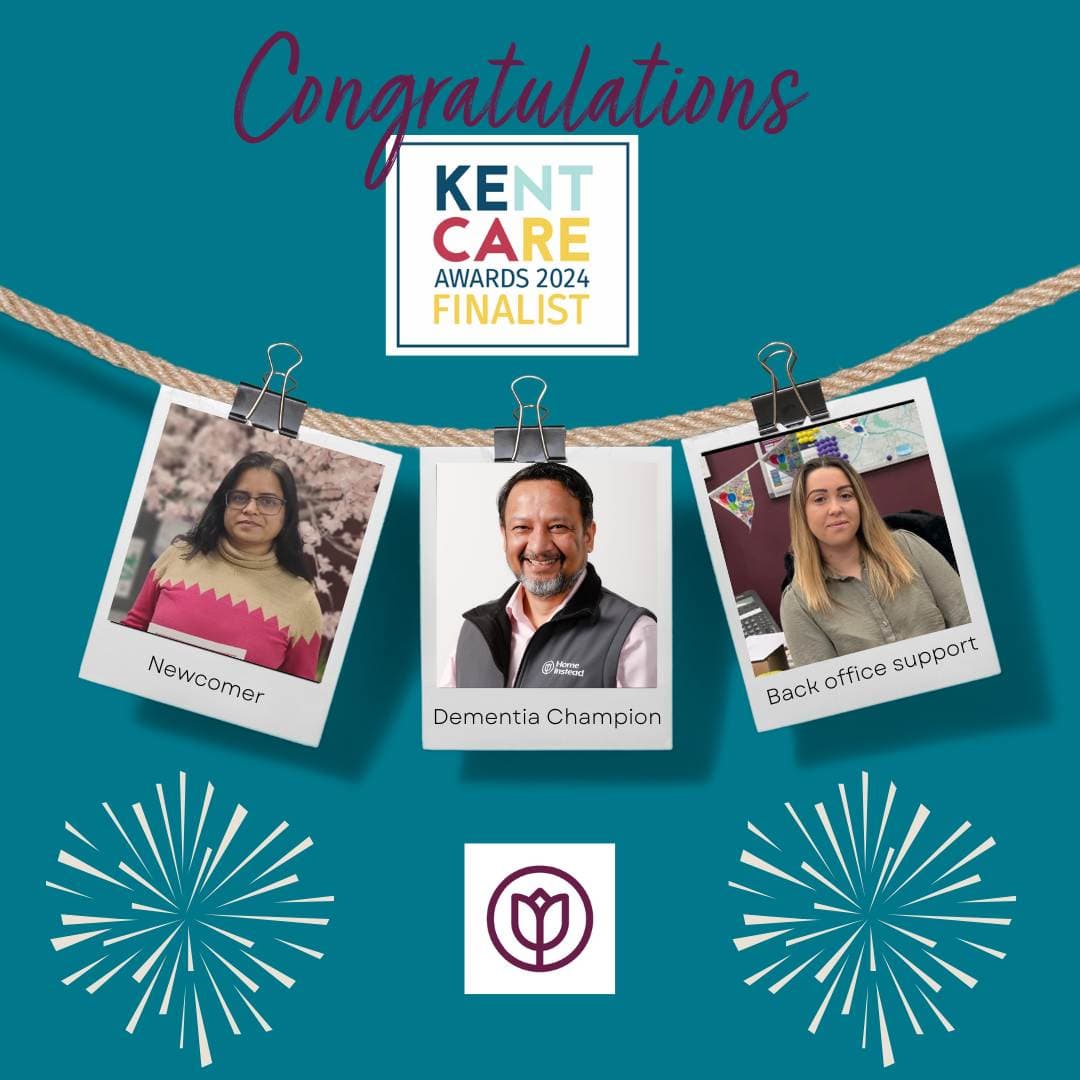 Collage of three smiling Home Instead Dartford team: Jyoti, Ram, and Shelley, finalists for the 2024 Kent Care Awards.