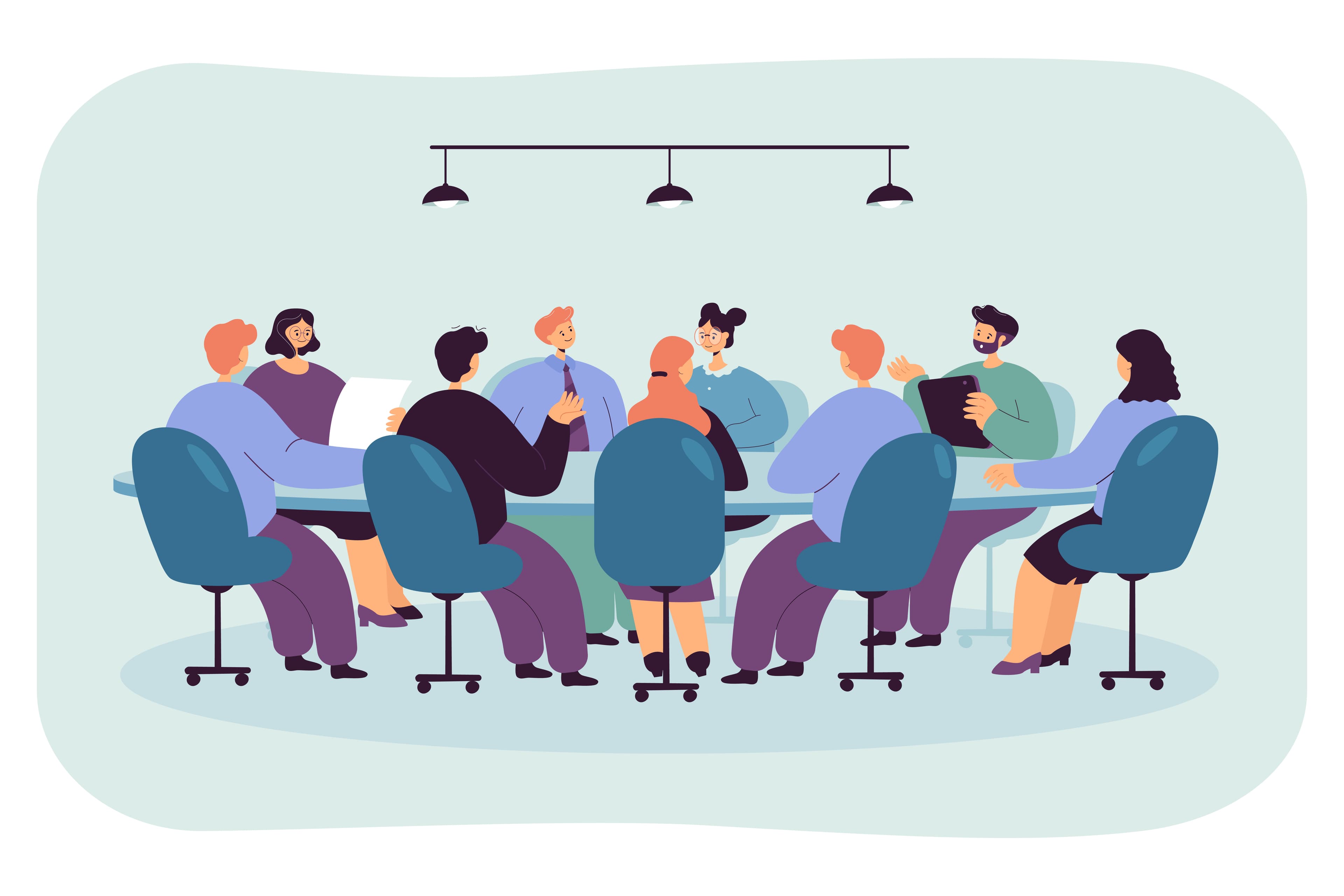 A group of people sitting around an oval conference table having a meeting in a brightly lit room. - Home Instead