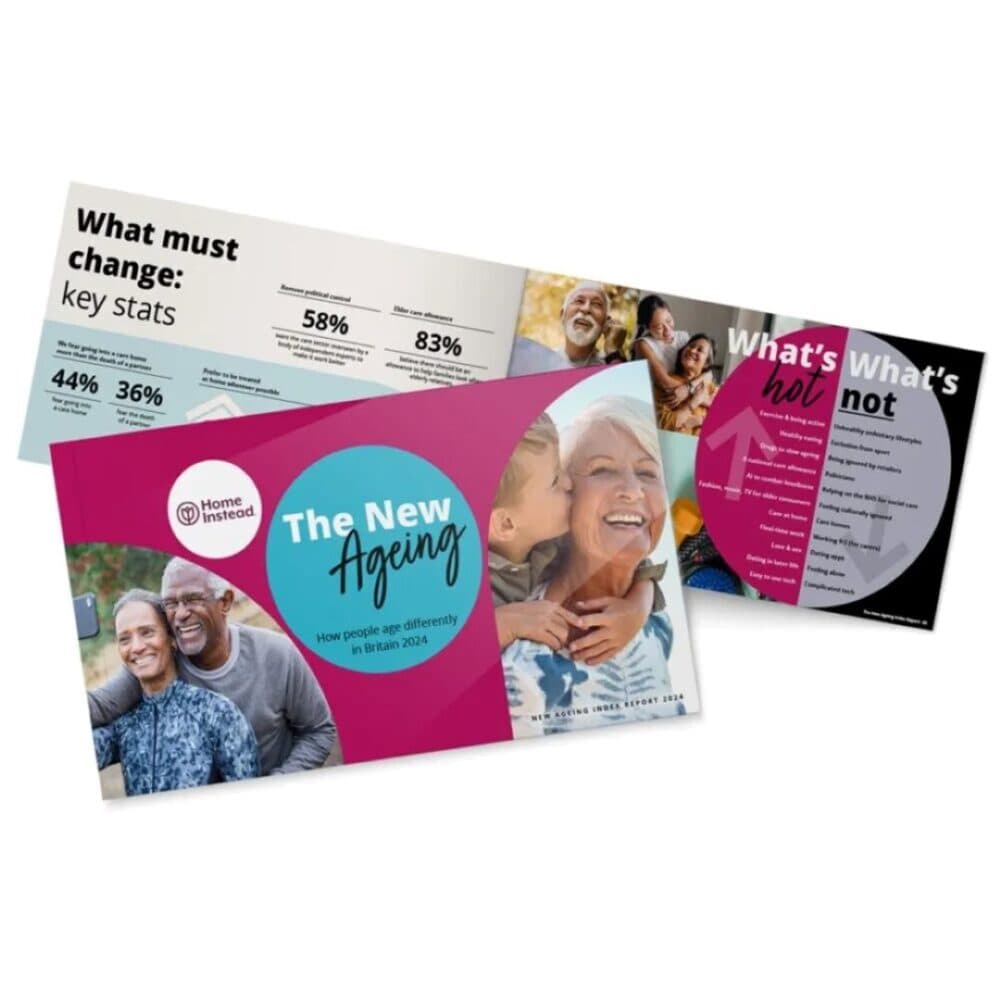 Brochures with statistics and images about ageing and lifestyle trends, including "The New Ageing" and "What must change. - Home Instead
