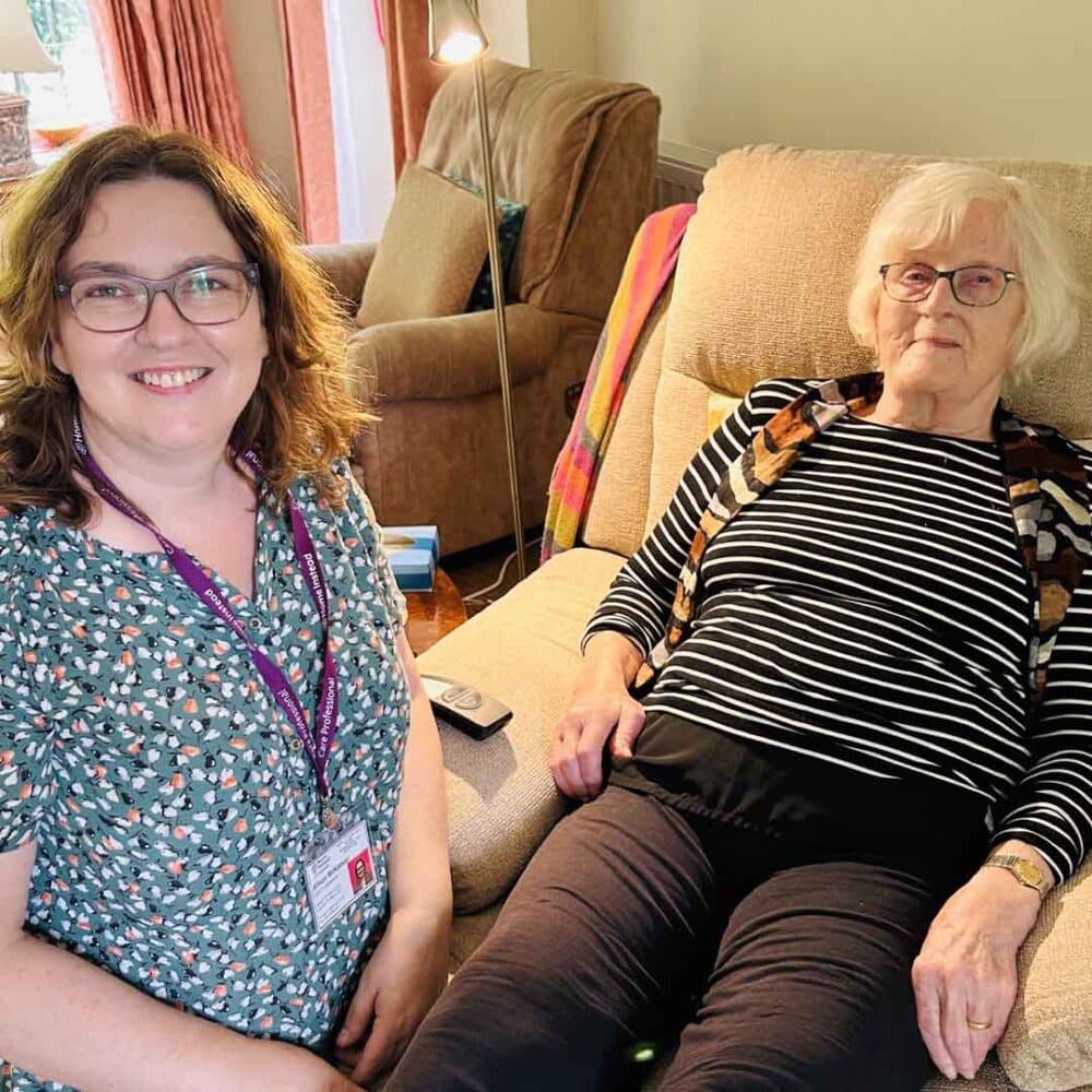 Liz thew with caregiver Ali for her home nail care session