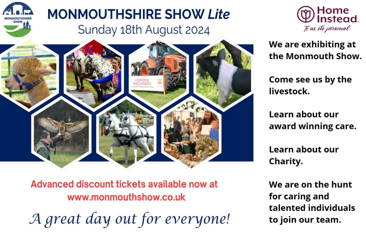 Promotional flyer for Monmouthshire Show on August 18, 2024, highlighting livestock, tractors, and Home Instead caregiving. - Home Instead