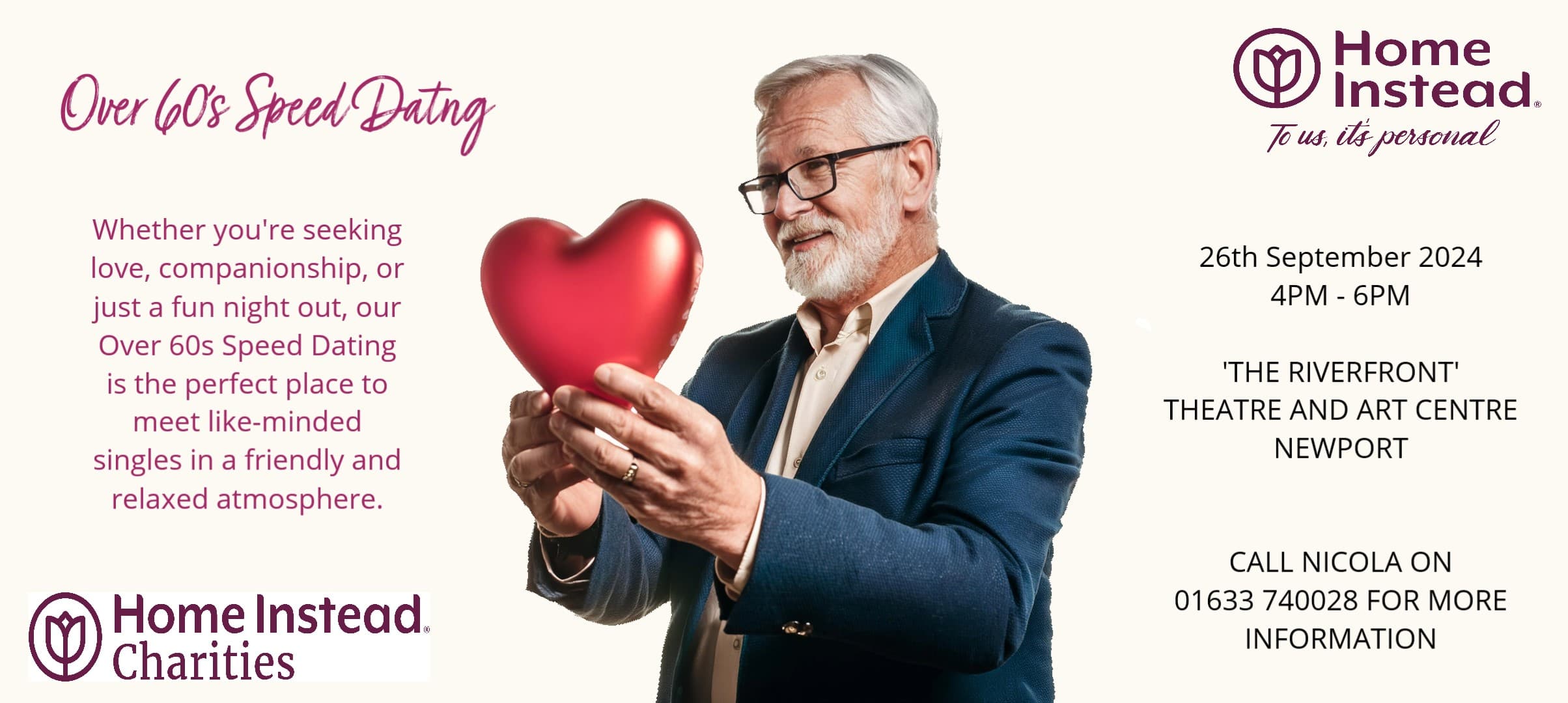 An older man holding a heart is featured on a flyer for Over 60s Speed Dating, hosted by Home Instead on 26th September 2024. - Home Instead