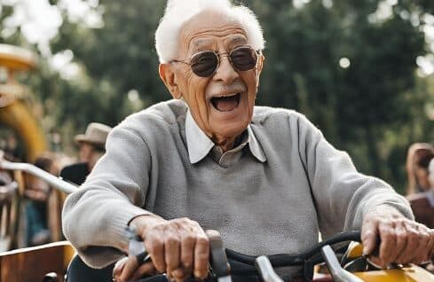 Elderly man with glasses and a big smile, riding a bicycle outdoors on a sunny day. - Home Instead