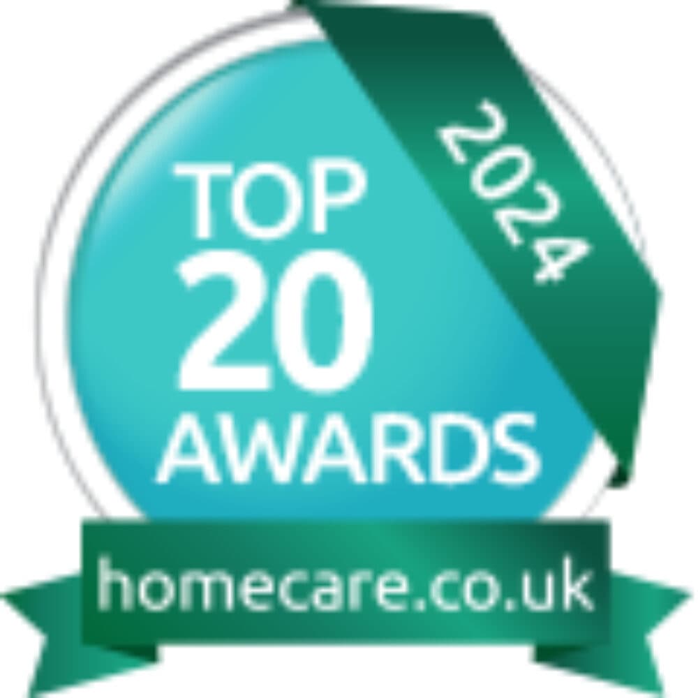 A circular badge with text "Top 20 Awards 2024" and a green ribbon with "homecare.co.uk" at the bottom. - Home Instead