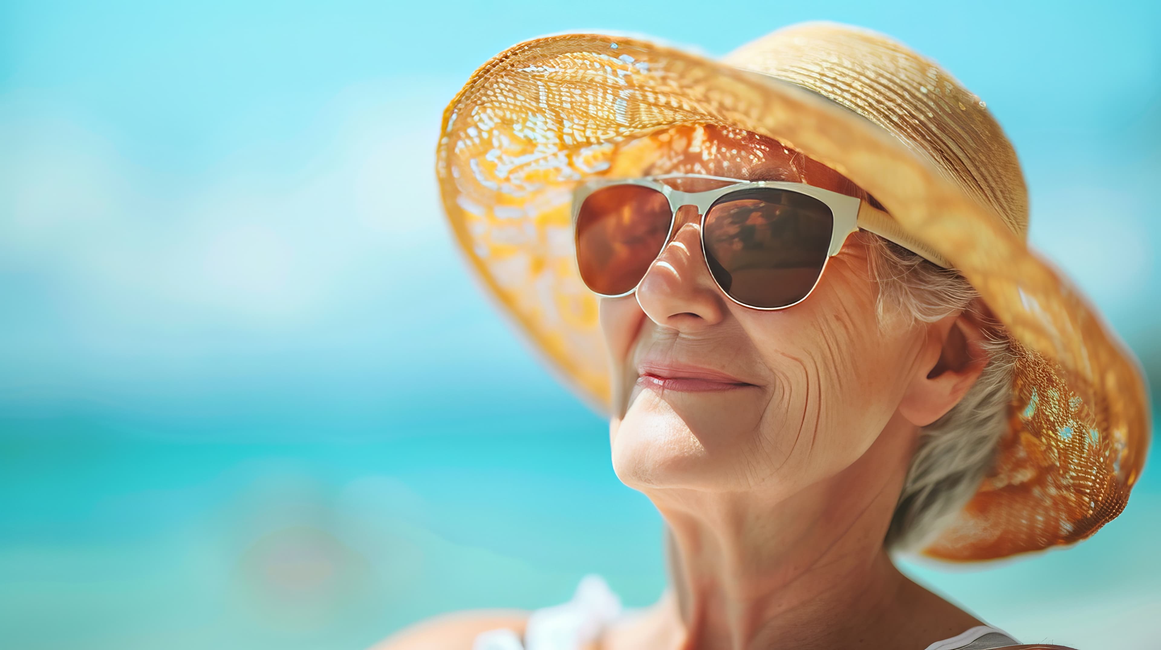 Elderly woman wearing a sun hat and sunglasses, smiling on a bright, sunny day with a blue sky and ocean in the background. - Home Instead