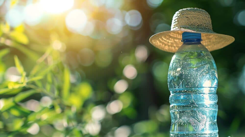 A plastic water bottle wearing a straw hat in a sunlit forest with blurred green foliage in the background. - Home Instead