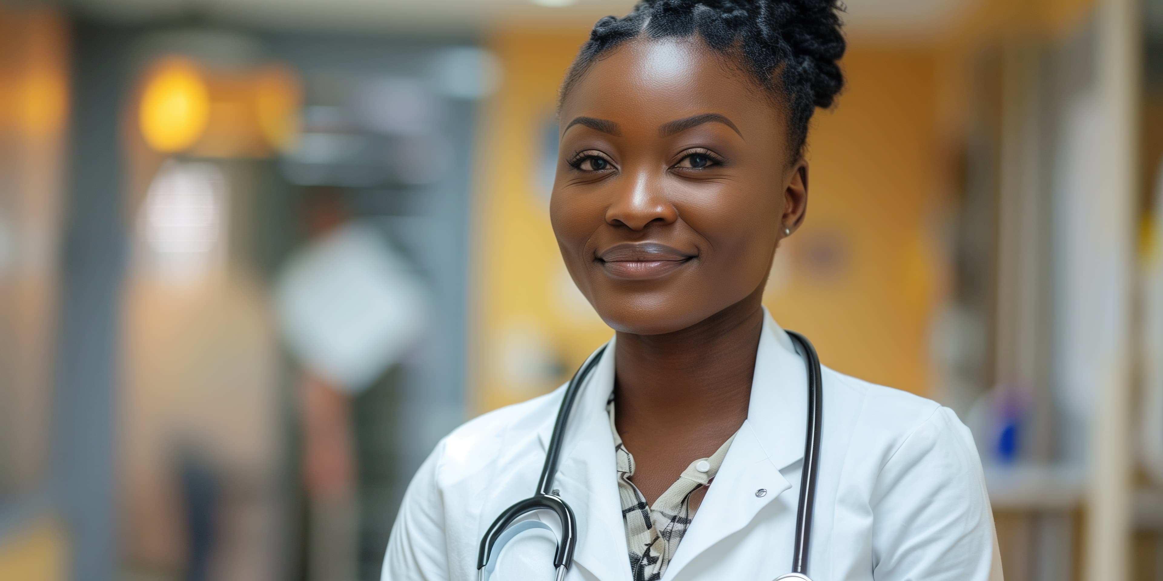 A doctor in a white coat and stethoscope smiles confidently in a hospital setting. - Home Instead