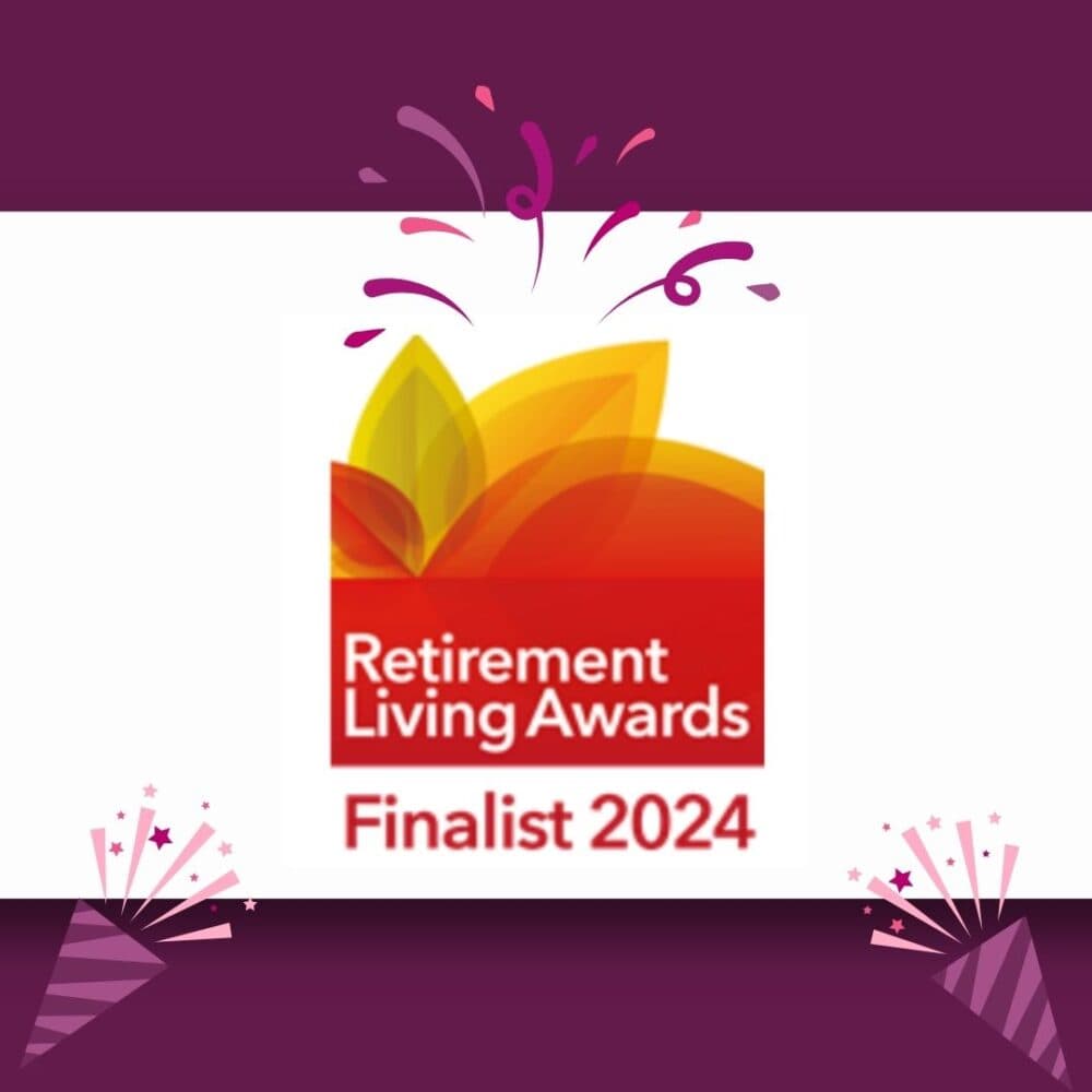 Retirement Living Awards Finalist 2024 logo with colorful leaves and celebratory confetti on a purple background. - Home Instead