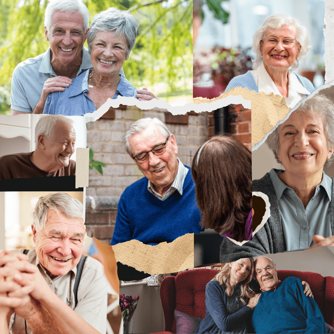 Collage of older adults smiling, some in outdoor settings and others indoors, showing warmth, joy, and companionship. - Home Instead