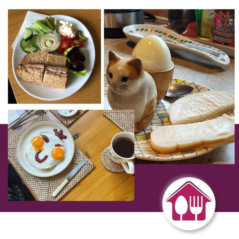 Three breakfast plates: sandwiches with salad, egg with toast and coffee, and fried eggs with sauce. - Home Instead