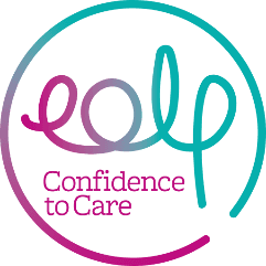 Elegant circle logo with "eolp" in cursive and "Confidence to Care" beneath it in a gradient of purple and teal. - Home Instead