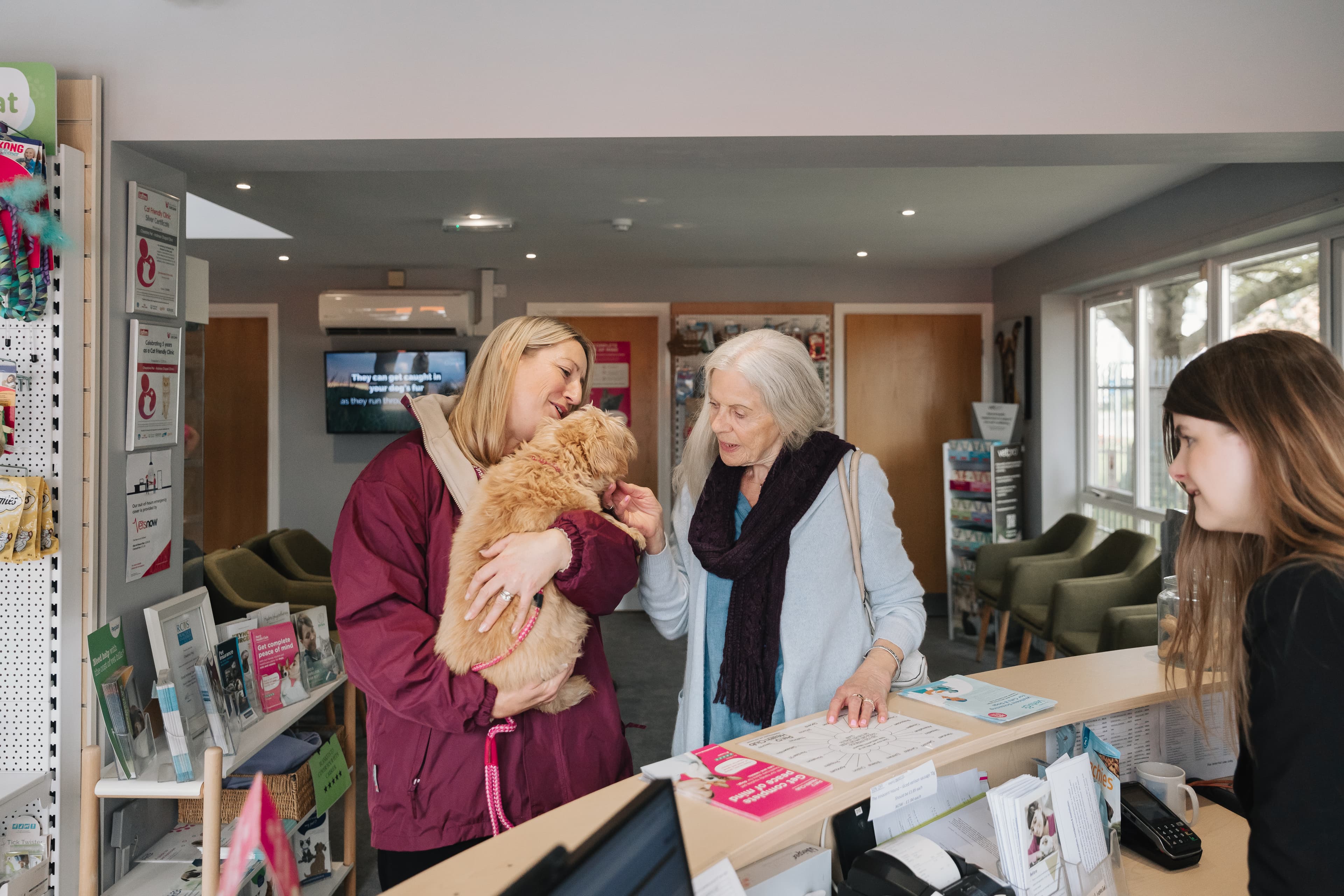 Two women at a reception desk with a golden dog. One woman is holding the dog while the other looks on. - Home Instead