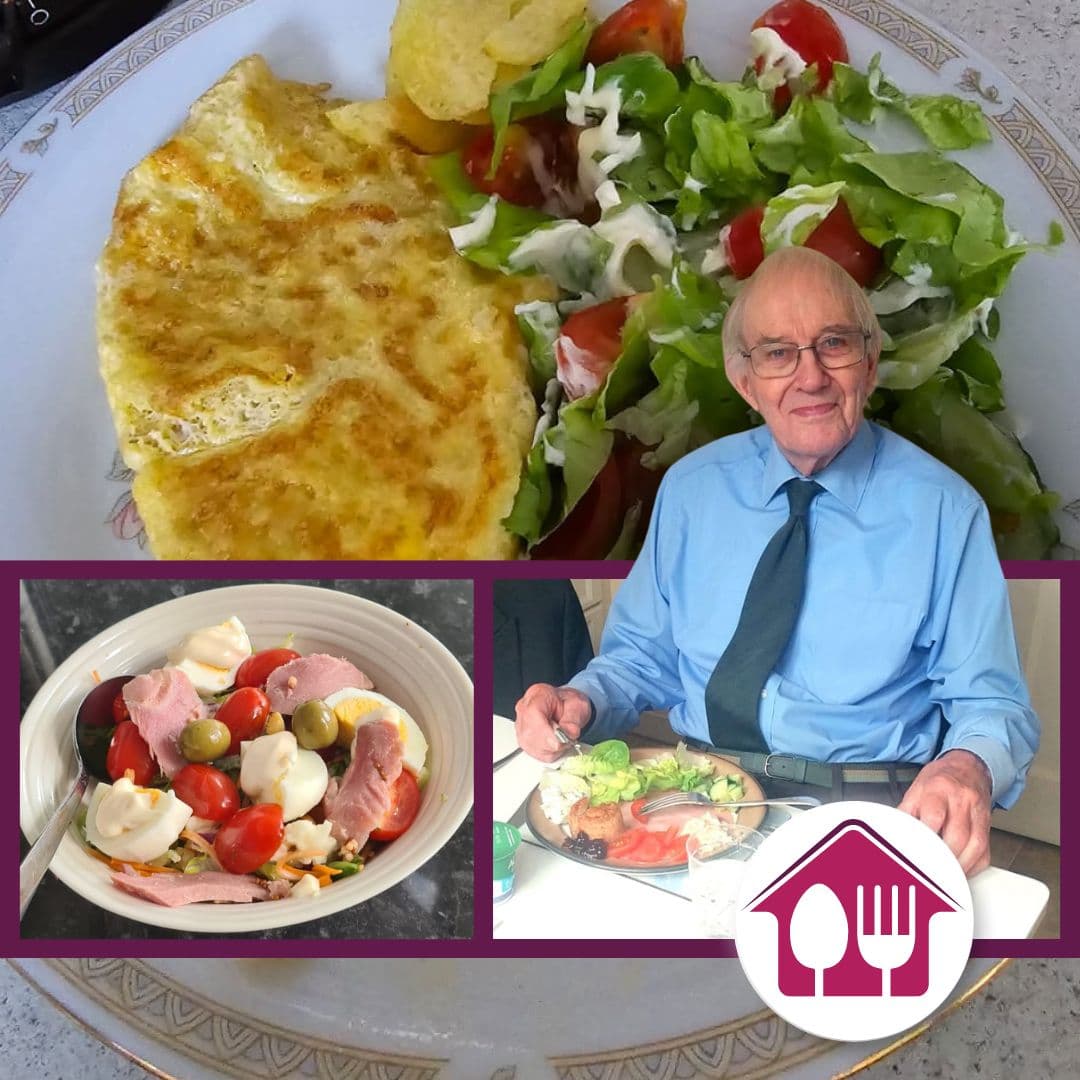 Our Client Sat at the dinning table, in his shirt and tie, Kathy our Live-in Care Professional at Home instead Altrincham Sale and Wythenshawe has made a ploughmans lunch and yogurt to finish.