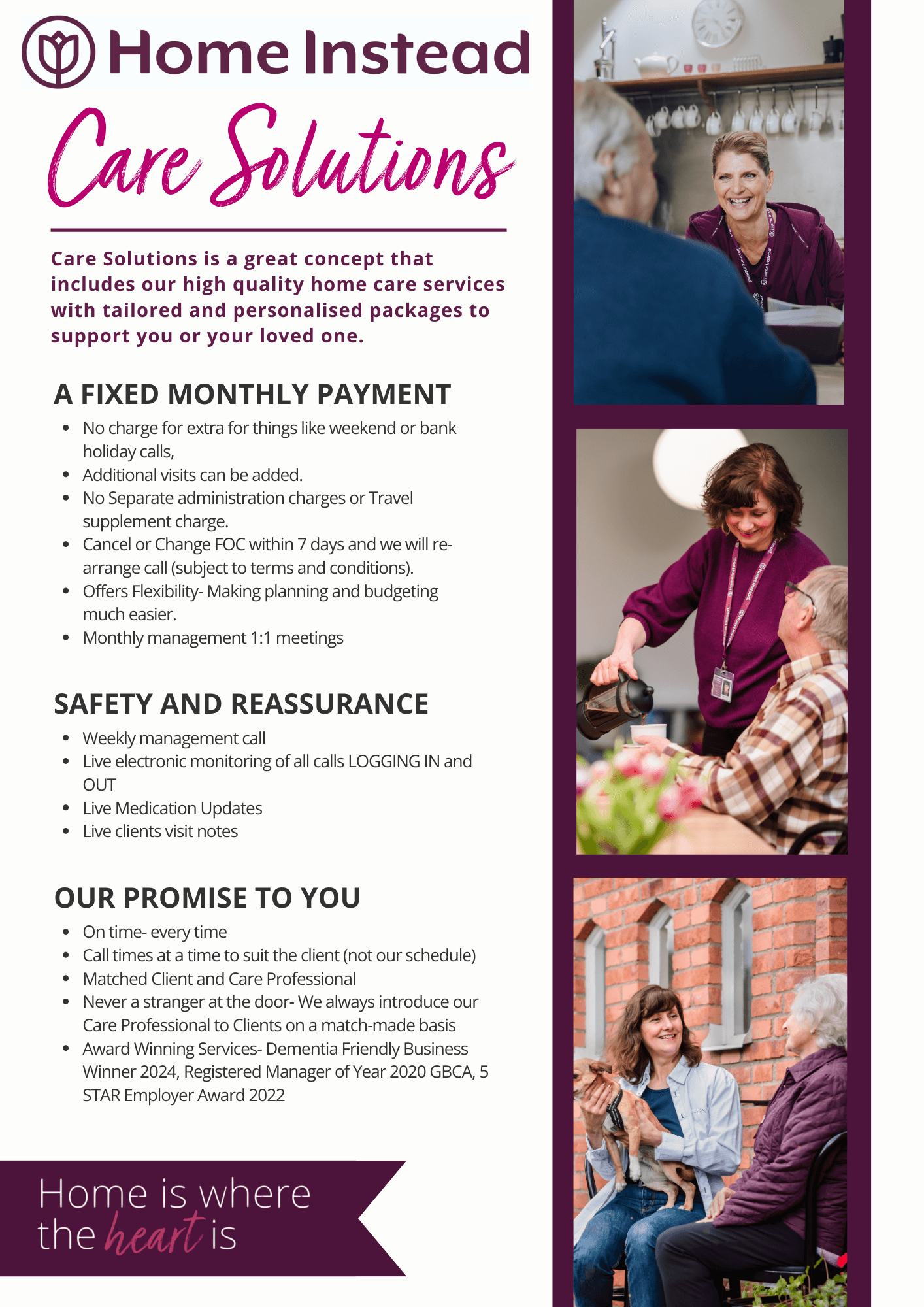 Flyer for Home Instead Care Solutions outlining services, safety measures, and commitment to clients with an image of a caregiver. - Home Instead