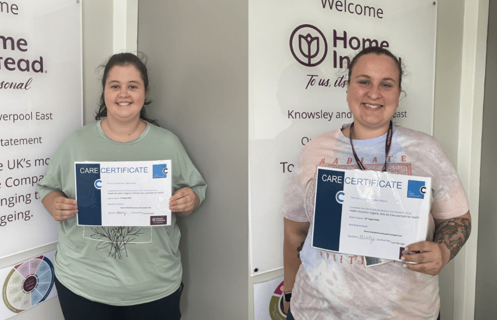 Two individuals proudly holding their Care Certificates in front of an office wall displaying the "Home Instead" logo. - Home Instead