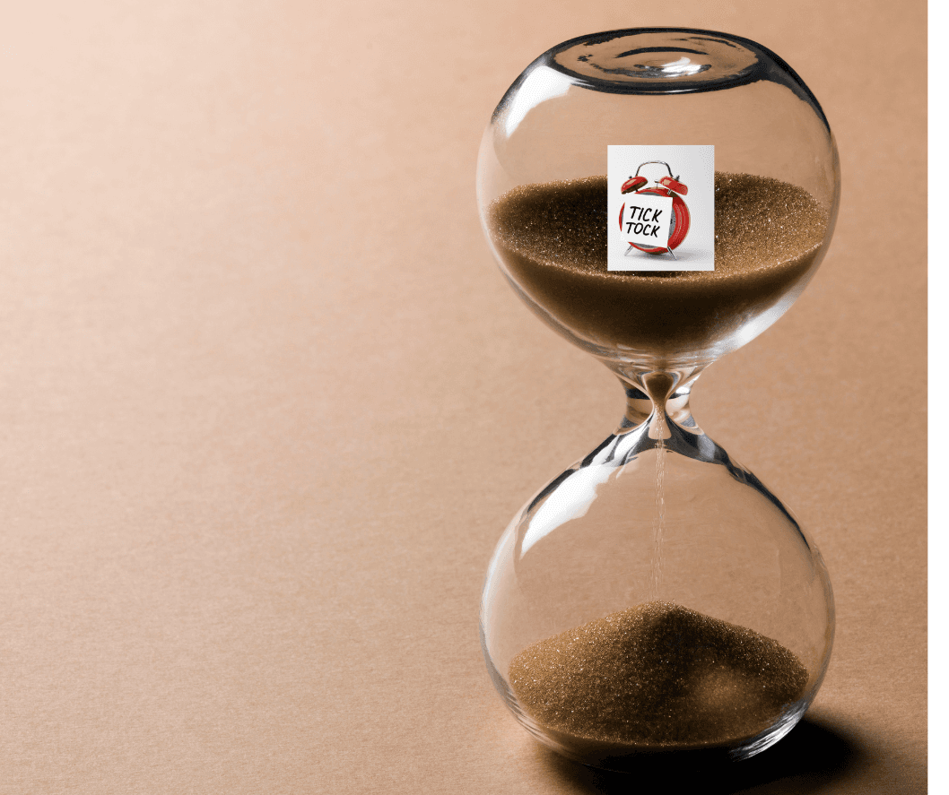 An hourglass with sand running down, displaying a "Tick Tock" label inside, on a brown background. - Home Instead