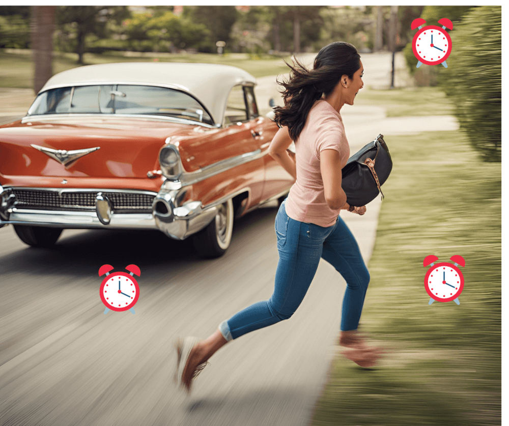 Woman running with a purse beside a vintage car, surrounded by alarm clock icons. - Home Instead