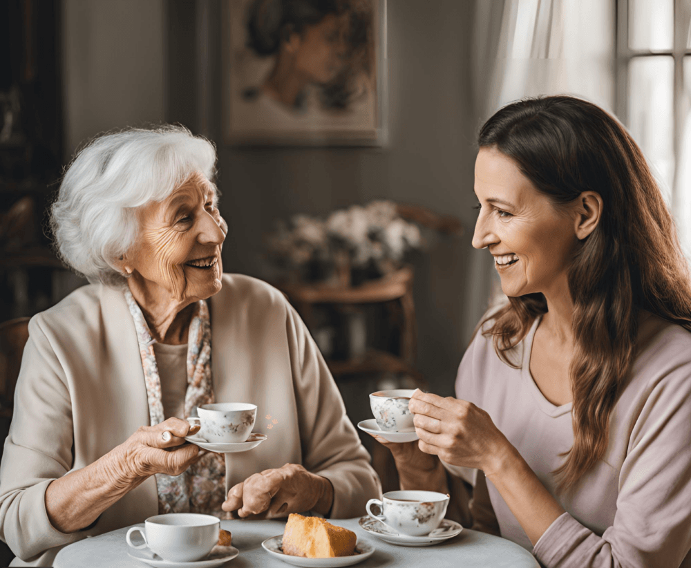 Two women smiling and chatting over tea at a table with a slice of cake, in a cozy, warmly lit room. - Home Instead