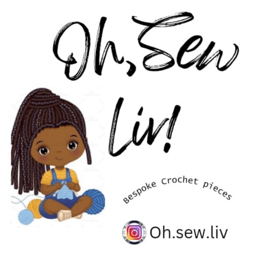 Illustration of a girl crocheting with the text "Oh Sew Liv!" and "Bespoke Crochet Pieces." Instagram icon: "Oh.sew.liv". - Home Instead