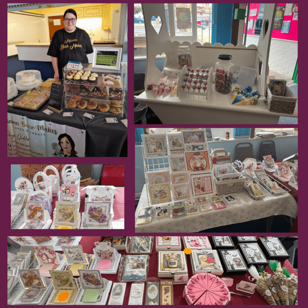 A woman and tables display a variety of baked goods, crafts, and greeting cards at a market or fair. - Home Instead