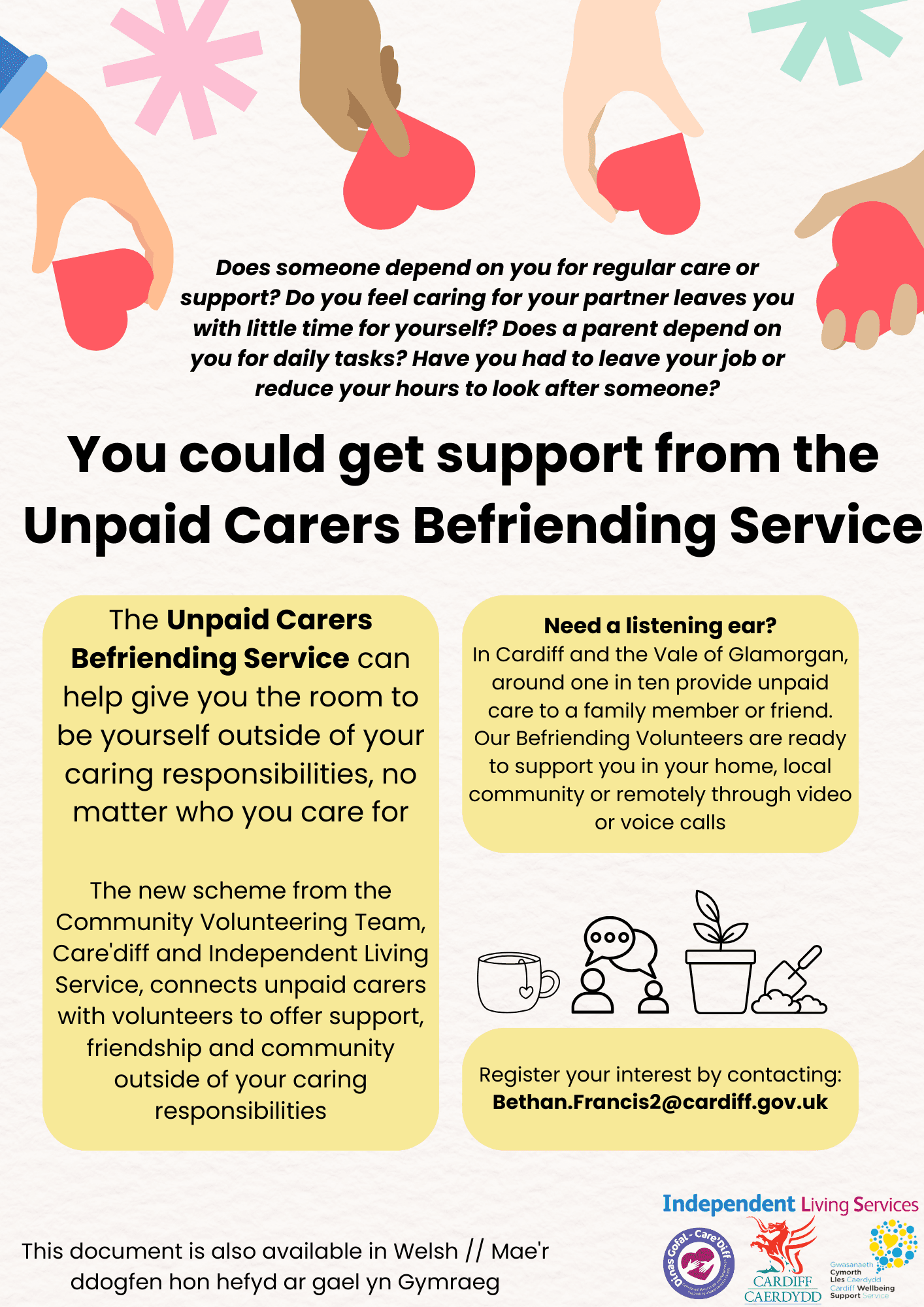 Flyer about the Unpaid Carers Befriending Service with contact information and colorful illustrations. - Home Instead