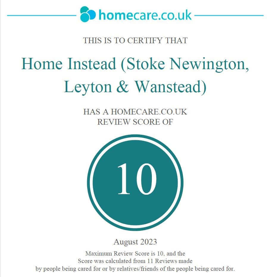 A certificate showing Home Instead scored 10 in a homecare.co.uk review in August 2023. - Home Instead