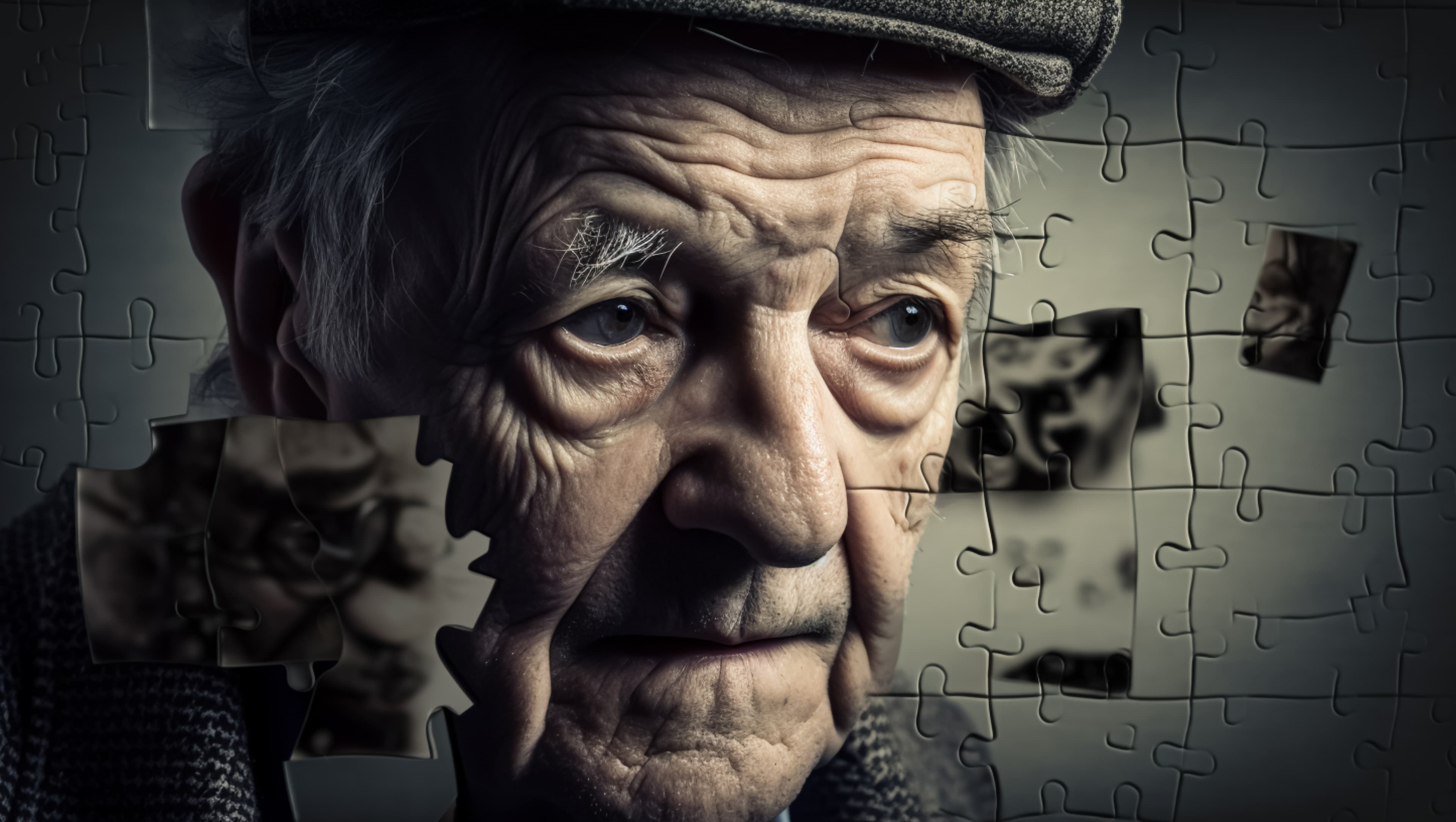 Elderly man with a solemn expression, surrounded by puzzle pieces with faded images. - Home Instead