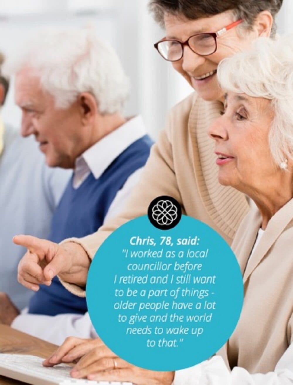 Two older women and a man sitting together, one woman speaking with a text bubble highlighting her quote about being a local councillor. - Home Instead