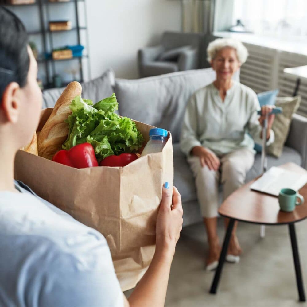 care professional bringing a shopping bad of healthy food to her client sat on the sofa at her home