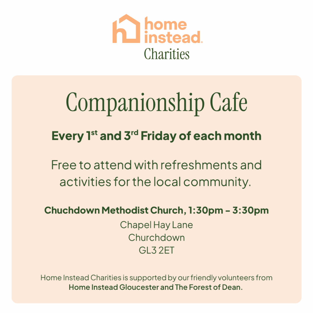 Event flyer for Companionship Cafe at Chuchdown Methodist Church, 1:30–3:30pm, 1st & 3rd Fridays monthly. - Home Instead